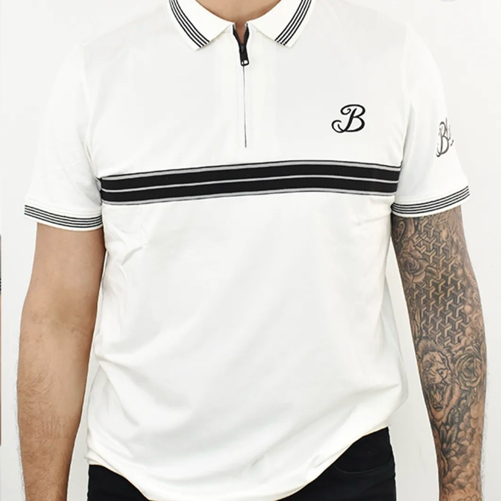 Black and White Polo Shirt with Zip-Up Collar and Ribbed Cuffs